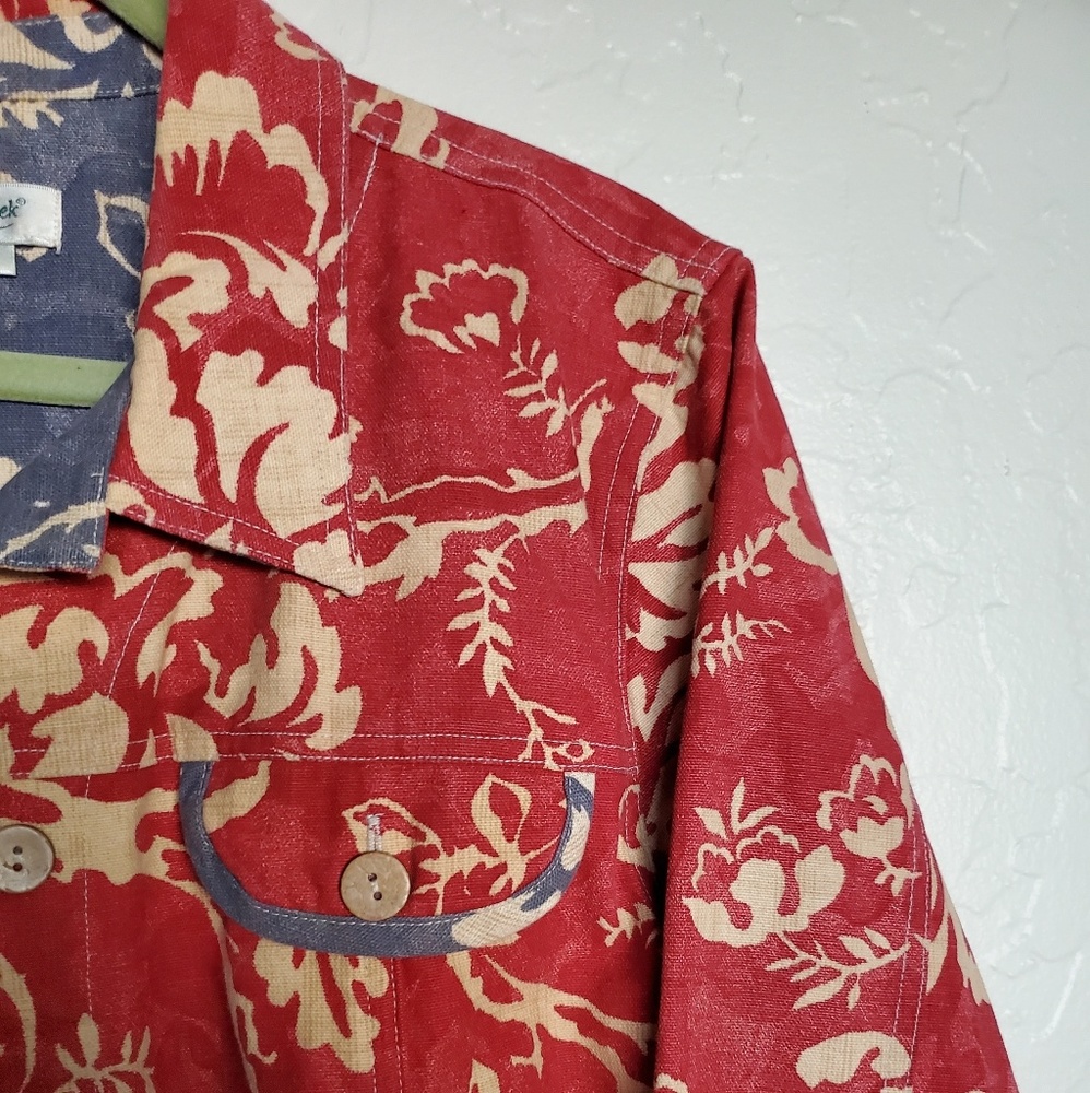 Red print jean jacket